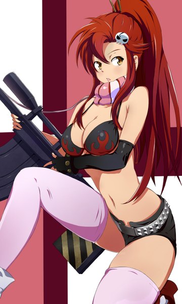 Anime picture 900x1500 with tengen toppa gurren lagann gainax yoko littner oota takeshi single long hair tall image fringe breasts open mouth light erotic holding looking away ponytail red hair bare belly girl thighhighs weapon shorts