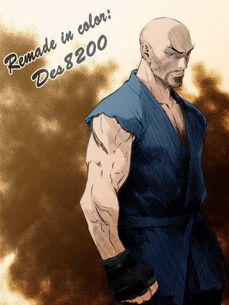 Anime picture 628x838 with the breaker the breaker new waves ryuji single tall image standing looking away traditional clothes japanese clothes inscription sleeveless smoke eyebrows muscle bald bristle gloves black gloves belt fist