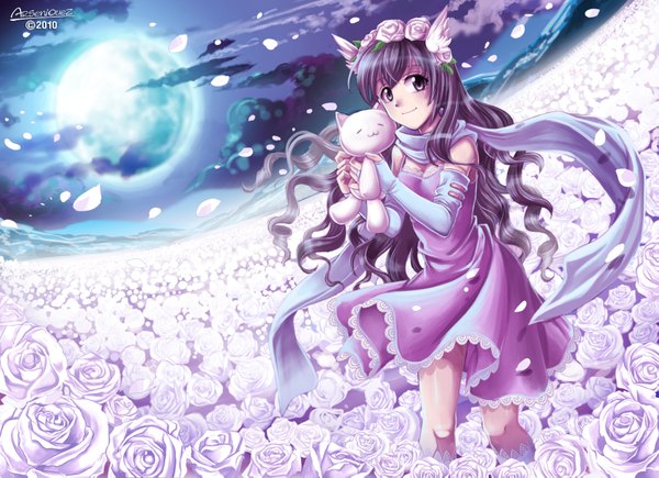 Anime picture 3510x2550 with original arseniquez single long hair looking at viewer highres purple eyes signed absurdres purple hair cloud (clouds) hair flower light smile girl hair ornament flower (flowers) detached sleeves petals rose (roses) moon