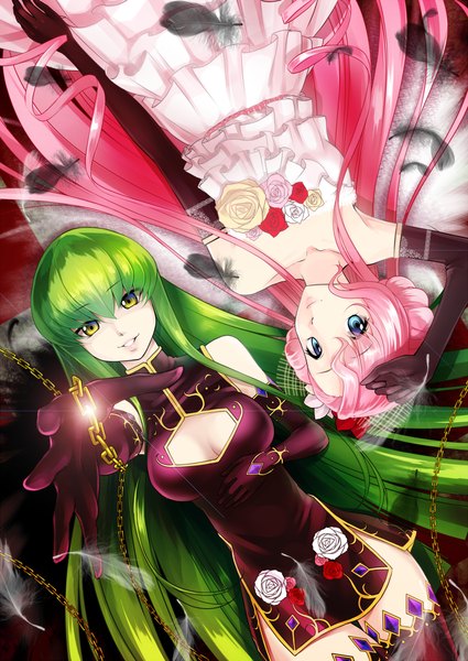 Anime picture 992x1402 with code geass sunrise (studio) c.c. euphemia li britannia mattari yufi (artist) long hair tall image looking at viewer fringe blue eyes bare shoulders multiple girls green eyes pink hair green hair girl thighhighs dress gloves flower (flowers)