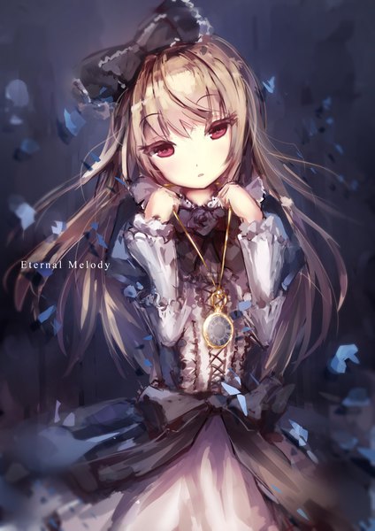 Anime picture 1158x1637 with original missle228 single long hair tall image looking at viewer fringe open mouth simple background blonde hair red eyes holding long sleeves head tilt blurry expressionless girl dress hair ornament bow