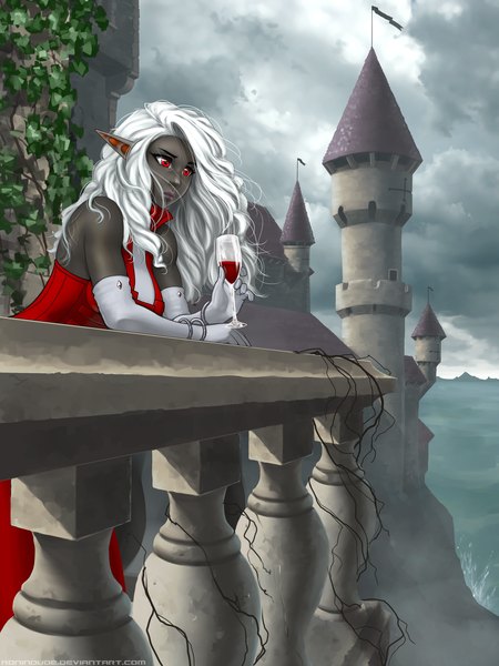 Anime picture 3000x4000 with ronin dude (ray cornwell) single long hair tall image highres red eyes sky cloud (clouds) white hair pointy ears dark skin girl dress gloves elbow gloves wine glass