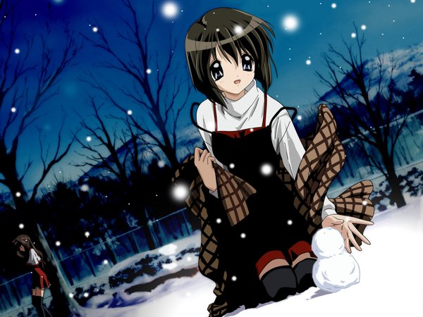 Anime picture 1600x1200 with kanon key (studio) misaka shiori long hair short hair open mouth black hair standing sitting multiple girls sky bent knee (knees) black eyes looking down happy snowing winter snow mountain bare tree