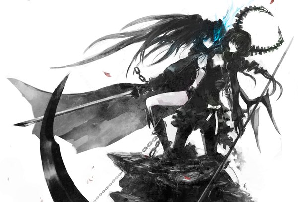 Anime picture 3000x2035 with black rock shooter black rock shooter (character) dead master archlich highres blue eyes black hair twintails multiple girls horn (horns) glowing monochrome glowing eye (eyes) girl dress 2 girls petals sword chain scythe