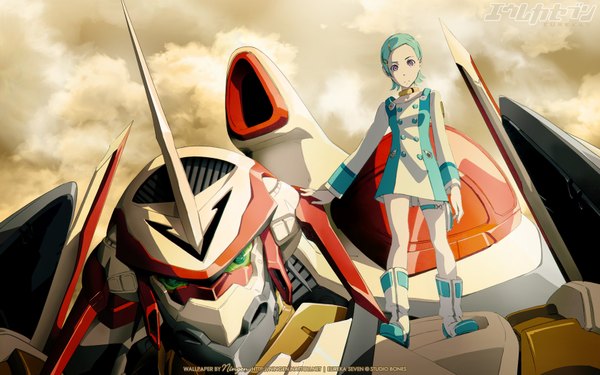 Anime picture 1680x1050 with eureka seven studio bones eureka nirvash ningen (nattoli) single looking at viewer short hair wide image standing purple eyes signed cloud (clouds) green hair wallpaper girl thighhighs dress hair ornament boots