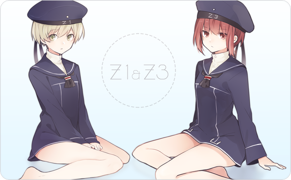 Anime picture 1500x925 with kantai collection z3 destroyer (max schultz) z1 destroyer (leberecht maass) tama (songe) looking at viewer short hair blonde hair red eyes wide image sitting multiple girls yellow eyes red hair barefoot bare legs character names wariza girl 2 girls cap