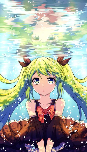 Anime picture 1836x3192 with vocaloid hatsune miku isumi (yangyan) single long hair tall image blush fringe highres hair between eyes twintails bare shoulders green eyes payot ahoge parted lips green hair wide sleeves :o alternate costume