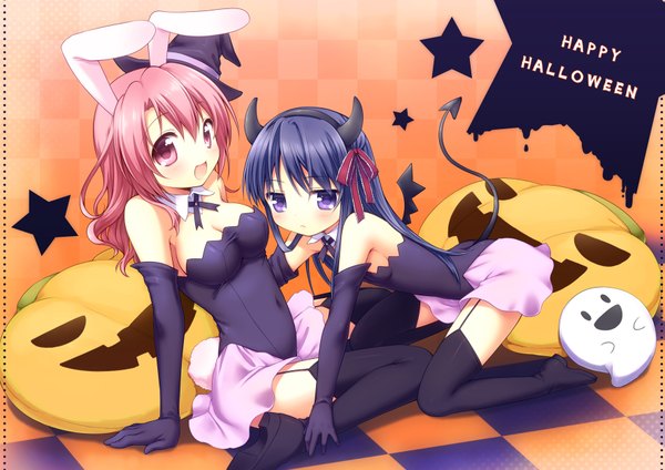 Anime picture 1771x1254 with original sakura (usashiro mani) waka (mani) usashiro mani long hair highres open mouth light erotic black hair red eyes purple eyes multiple girls red hair horn (horns) bunny ears halloween demon tail checkered floor happy halloween girl