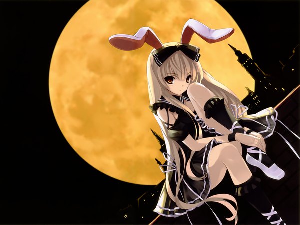 Anime picture 1600x1200 with misaki kurehito cradle (artist) kuroya shinobu animal ears black background bunny girl girl moon