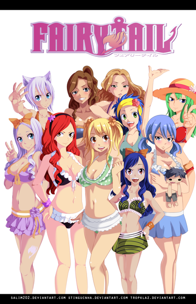 Anime picture 885x1370 with fairy tail lucy heartfilia erza scarlet wendy marvell juvia lockser mirajane strauss levy mcgarden lisanna strauss cana alberona evergreen bisca mulan salim202 stingcunha tropklaz long hair tall image blush short hair open mouth blue eyes