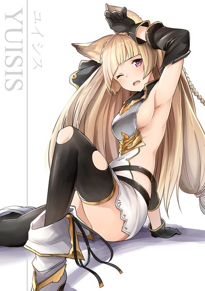 Anime picture 1000x1414 with granblue fantasy yuisis (granblue fantasy) luse maonang single long hair tall image looking at viewer blush fringe open mouth light erotic simple background blonde hair white background sitting purple eyes animal ears bent knee (knees) blunt bangs eyes closed