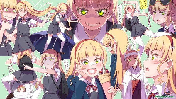 Anime picture 1200x675 with hello!!! love live! sunrise (studio) love live! heanna sumire kitahara tomoe (kitahara koubou) long hair fringe blonde hair smile wide image green eyes blunt bangs traditional clothes japanese clothes profile grin adjusting hair multiview miko sunglasses on head