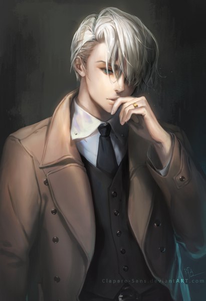 Anime picture 685x1000 with yuri!!! on ice mappa viktor nikiforov claparo-sans single tall image fringe short hair simple background signed silver hair upper body aqua eyes lips hair over one eye realistic inscription looking down portrait hand to mouth