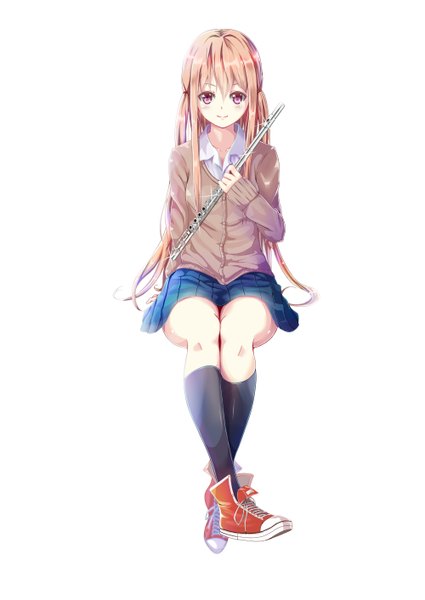 Anime picture 1000x1412 with original nazhi single long hair tall image looking at viewer blush blonde hair simple background smile white background pink eyes girl skirt uniform school uniform socks shoes black socks musical instrument