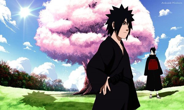 Anime picture 1920x1148 with naruto studio pierrot naruto (series) uchiha madara uchiha tajima anvmadara fringe highres short hair black hair wide image signed sky cloud (clouds) traditional clothes black eyes hair over one eye multiple boys shadow hand on hip