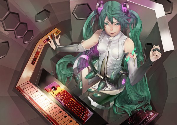 Anime picture 1500x1061 with vocaloid vocaloid append hatsune miku hatsune miku (append) ini (artist) single long hair sitting twintails bare shoulders green eyes green hair tattoo girl gloves navel detached sleeves necktie belt partly fingerless gloves
