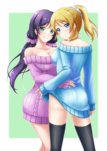 Anime picture 1050x1485 with love live! school idol project sunrise (studio) love live! toujou nozomi ayase eli long hair tall image blush blue eyes light erotic blonde hair smile bare shoulders multiple girls green eyes purple hair ponytail girl thighhighs black thighhighs
