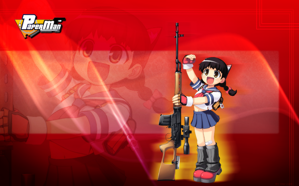 Anime picture 1680x1050 with paper man wide image animal ears cat girl loli red background girl gun bandaid
