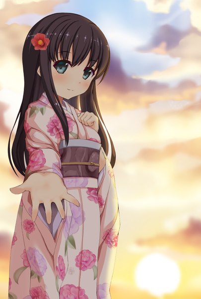 Anime picture 1378x2039 with original ordeal single long hair tall image looking at viewer blush blue eyes black hair sky cloud (clouds) traditional clothes japanese clothes hair flower girl hair ornament flower (flowers) kimono obi