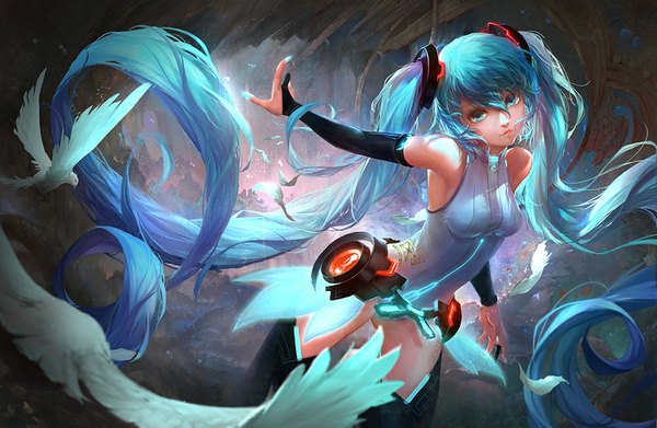 Anime picture 1000x652 with vocaloid vocaloid append hatsune miku hatsune miku (append) long yue zi qi single looking at viewer fringe twintails bare shoulders very long hair nail polish aqua eyes aqua hair outstretched arm girl detached sleeves animal bird (birds) feather (feathers)