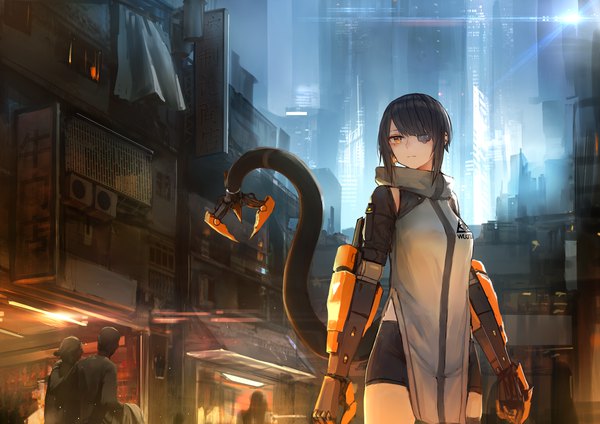 Anime picture 2046x1447 with original sumi elias kasagarasu looking at viewer blush fringe highres short hair black hair standing payot outdoors orange eyes piercing city light ear piercing solo focus side slit cityscape