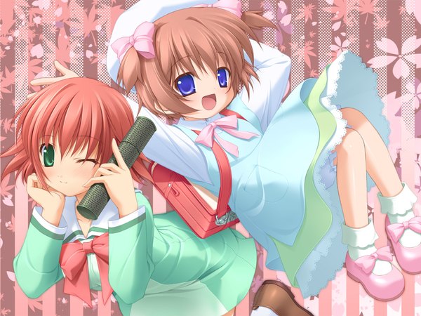 Anime picture 1600x1200 with komorebi no namikimichi nakazato sakura yukizakura momiji yuuki mitsuru short hair open mouth blue eyes brown hair multiple girls green eyes game cg red hair one eye closed wink two side up graduation girl uniform bow 2 girls