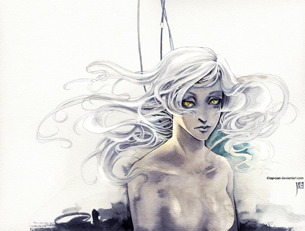 Anime picture 1200x909 with clap-san single short hair breasts light erotic simple background white background bare shoulders signed yellow eyes white hair traditional media watercolor (medium) girl wire (wires)