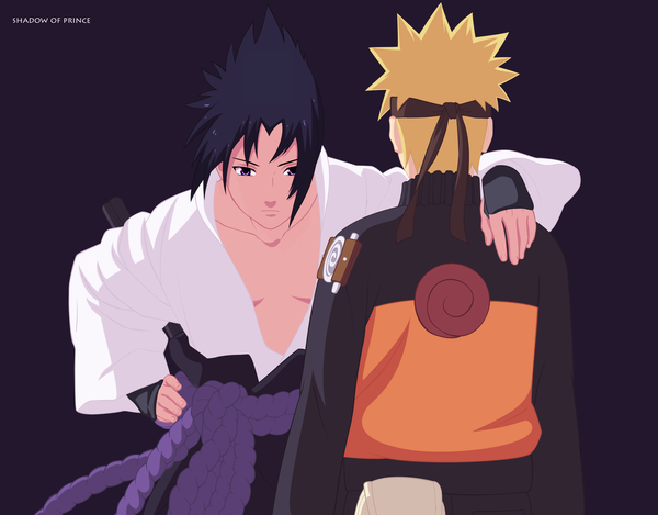 Anime picture 3465x2713 with naruto studio pierrot naruto (series) uzumaki naruto uchiha sasuke shadowofprince highres short hair black hair simple background blonde hair absurdres japanese clothes pink eyes from behind hand on hip coloring back purple background jinchuriki