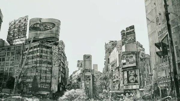 Anime picture 1280x720 with tokyo magnitude 8.0 kinema citrus wide image city monochrome cityscape ruins post-apocalyptic screenshot building (buildings)
