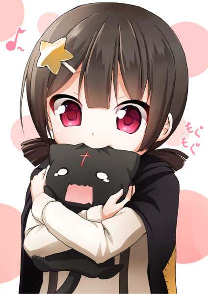 Anime picture 800x1132 with kono subarashii sekai ni shukufuku wo! studio deen chomusuke komekko nigiriushi single tall image looking at viewer fringe short hair black hair smile hair between eyes twintails holding pink eyes loli mouth hold low twintails hieroglyph