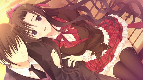 Anime picture 2048x1152 with tsugou no ii kazoku kugutsu haruka fusataka shikibu long hair highres short hair black hair wide image game cg ponytail black eyes couple girl thighhighs boy uniform black thighhighs school uniform