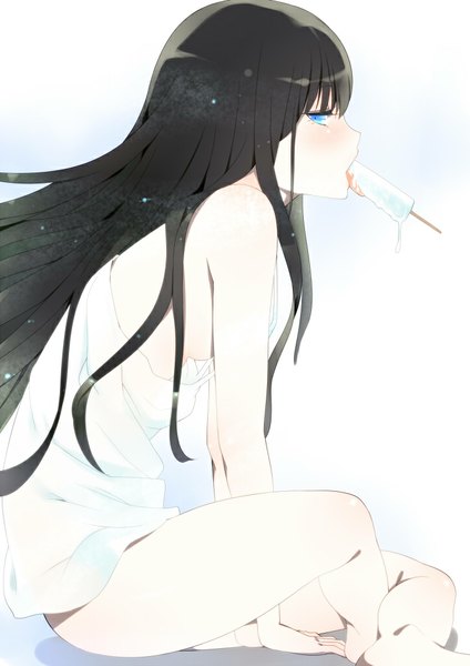 Anime picture 723x1023 with original amasora taichi single long hair tall image looking at viewer fringe blue eyes light erotic black hair simple background white background sitting holding profile barefoot bare legs legs mouth hold eating