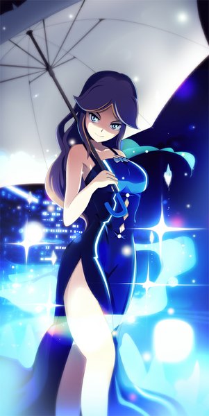 Anime picture 503x1000 with original vivivoovoo single long hair tall image looking at viewer fringe blue eyes smile standing bare shoulders holding purple hair night bare legs sleeveless city lights girl dress building (buildings)