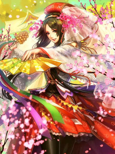 Anime picture 750x1000 with sengoku saga tagme (character) yamada rokkaku single long hair tall image looking at viewer smile red eyes brown hair long sleeves traditional clothes cherry blossoms miko face paint girl skirt flower (flowers) ribbon (ribbons) plant (plants)