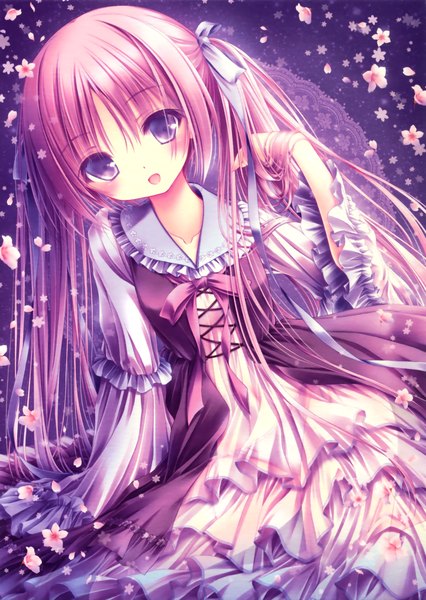 Anime picture 2272x3200 with tinker bell single long hair tall image looking at viewer highres open mouth purple eyes pink hair scan loli girl dress flower (flowers) bow ribbon (ribbons) hair bow hair ribbon petals