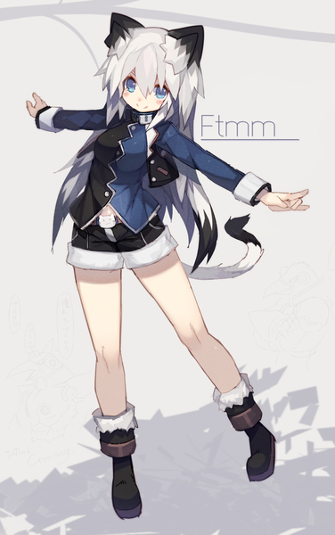 Anime picture 942x1500 with original mamuru single long hair tall image looking at viewer blush fringe blue eyes smile hair between eyes standing animal ears full body white hair tail long sleeves animal tail multicolored hair cat ears