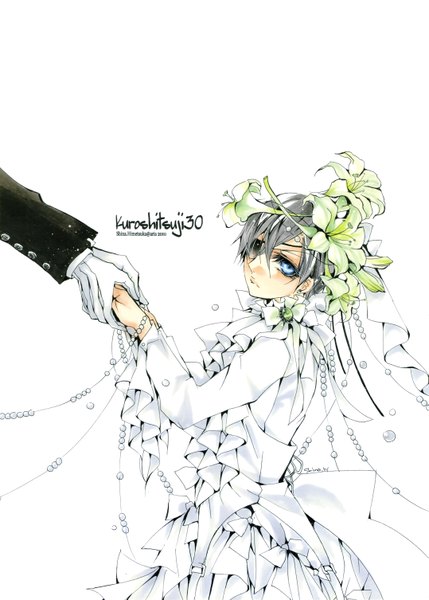 Anime picture 4307x6023 with kuroshitsuji a-1 pictures sebastian michaelis ciel phantomhive shina himetsuka tall image looking at viewer highres short hair blue eyes black hair simple background white background absurdres hair flower multiple boys holding hands boy gloves hair ornament