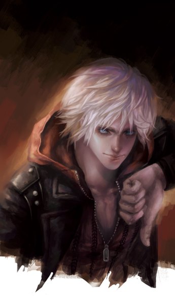 Anime picture 700x1215 with devil may cry nero (devil may cry) fin (pixiv) single tall image short hair blue eyes simple background white hair brown background boy jacket