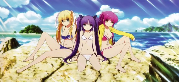 Anime picture 4719x2162 with little busters! key (studio) sasasegawa sasami tokido saya futaki kanata long hair highres blue eyes light erotic blonde hair smile wide image twintails multiple girls yellow eyes absurdres sky purple hair cloud (clouds) official art