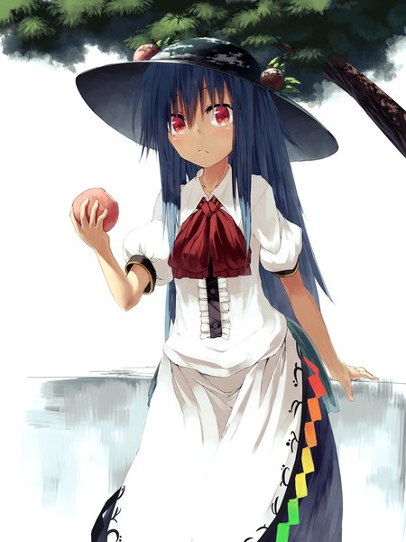 Anime picture 1200x1600 with touhou hinanawi tenshi ibuki notsu single long hair tall image looking at viewer blush red eyes blue hair girl dress plant (plants) hat tree (trees) fruit peach