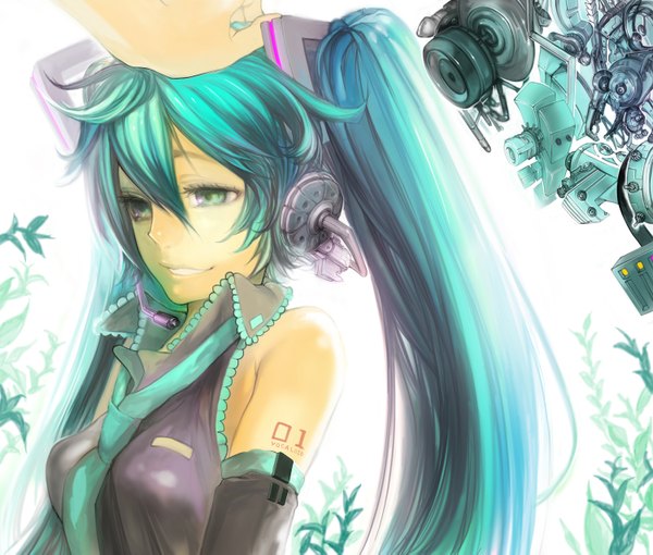 Anime picture 1500x1277 with vocaloid hatsune miku tcb (pixiv) single long hair fringe smile twintails green eyes multicolored hair tattoo girl hair ornament plant (plants) detached sleeves necktie headphones microphone