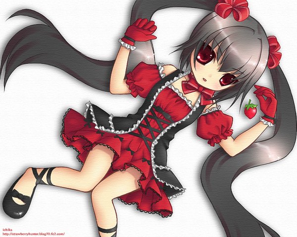 Anime picture 1280x1024 with pangya kooh black hair red eyes twintails goth-loli