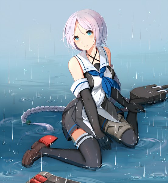 Anime picture 1000x1088 with kantai collection umikaze (kantai collection) yingji (zszero) single long hair tall image looking at viewer blue eyes white hair braid (braids) rain girl thighhighs gloves black thighhighs black gloves elbow gloves
