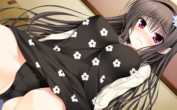 Anime picture 1054x659 with scramble lovers kiryuu sarasa tagme (artist) single long hair blush breasts light erotic black hair large breasts purple eyes game cg hair flower arm support embarrassed erect nipples covered nipples cameltoe hands behind back girl