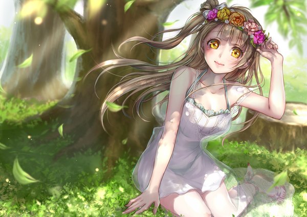 Anime picture 1300x921 with love live! school idol project sunrise (studio) love live! minami kotori ao+beni single long hair looking at viewer blush smile brown hair sitting yellow eyes bent knee (knees) outdoors wind sunlight arm support lipstick one side up