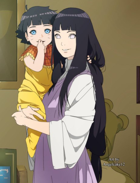 Anime picture 922x1200 with naruto studio pierrot naruto (series) hyuuga hinata uzumaki himawari angelcake12 long hair tall image looking at viewer fringe short hair open mouth blue eyes smile holding signed purple hair ahoge long sleeves facial mark