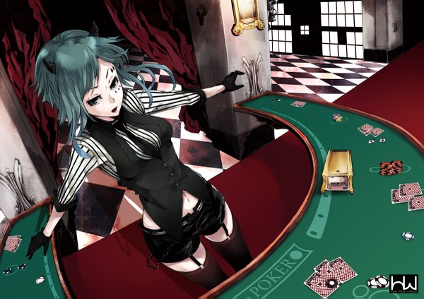 Anime picture 1200x847 with vocaloid poker face (vocaloid) gumi mille (dieci) single short hair green eyes horn (horns) green hair black eyes spread arms face paint rhombus casino girl thighhighs gloves shirt necktie shorts