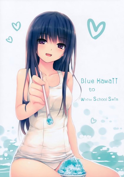 Anime picture 4912x7004 with original shiramine rika coffee-kizoku single long hair tall image looking at viewer blush highres light erotic black hair sitting brown eyes absurdres scan inscription girl swimsuit heart ice