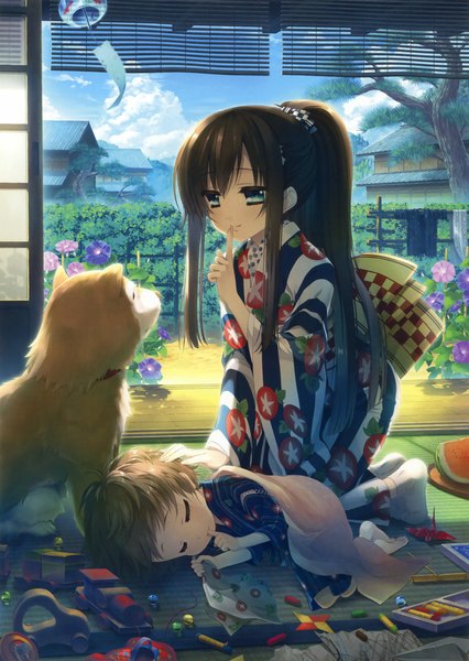 Anime picture 2345x3300 with original eshi 100-nin ten katagiri hinata long hair tall image blush highres short hair blue eyes black hair smile brown hair sitting sky cloud (clouds) ponytail eyes closed traditional clothes japanese clothes barefoot