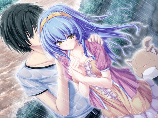 Anime picture 1600x1200 with suzukaze no melt hiiragi tsukino tenmaso long hair short hair black hair yellow eyes blue hair game cg couple rain girl boy cat